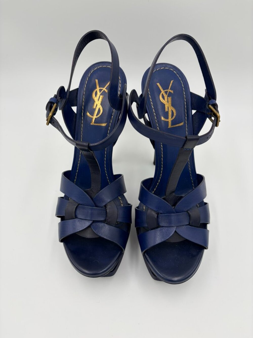 Vintage Saint Laurent Tribute Blue Black Platform Leather Heels, Sandals 38.5